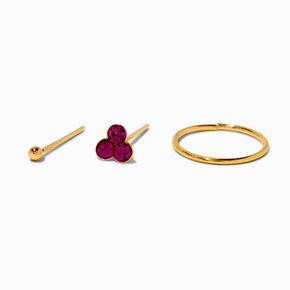 Gold-tone Pink Stone 22G Nose Studs &amp; Hoop - 3 Pack,