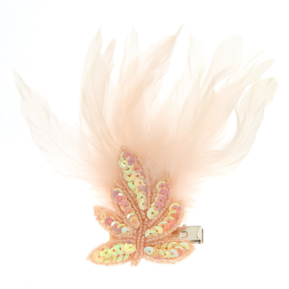 Sequin Feather Fascinator Hair Barrette - Nude,