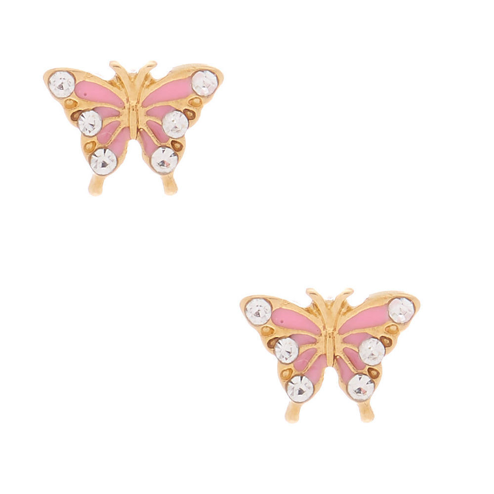 18kt Gold Plated Crystal Butterfly Stud Earrings - Pink,