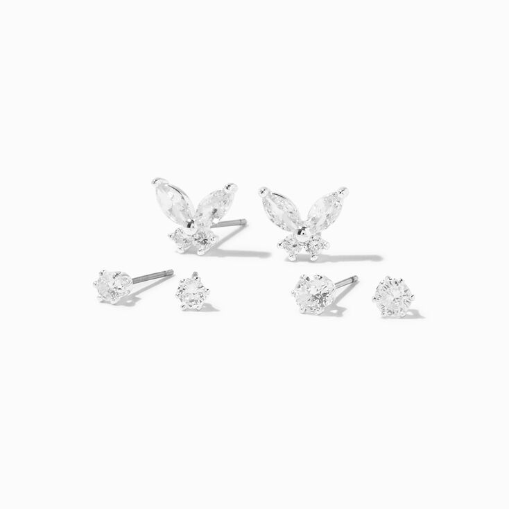 Silver Cubic Zirconia Butterfly &amp; Stud Earrings &#40;3 Pack&#41;,