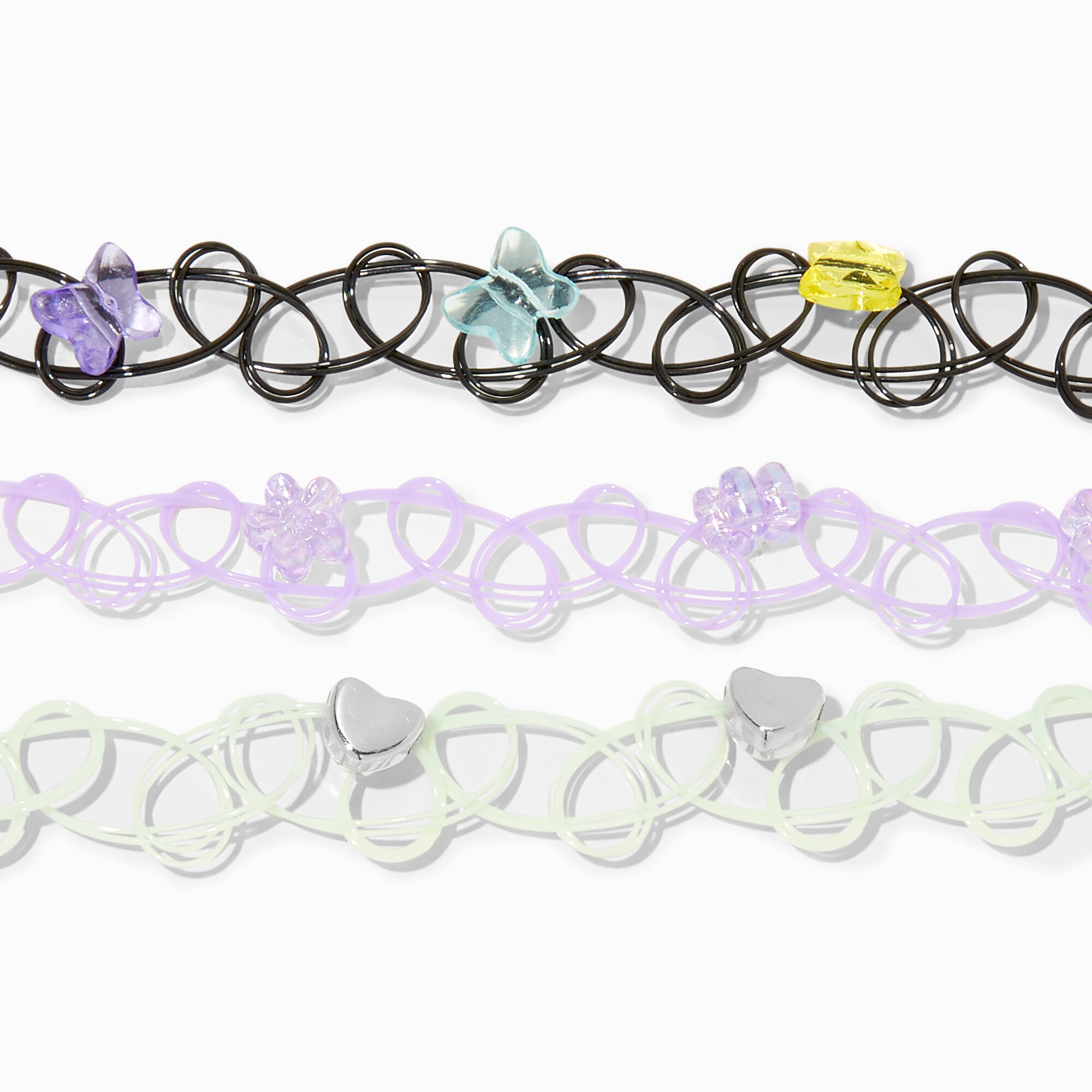 Bracelets élastiques effet tatouage cœur, papillon et fleur - Lot de 3,