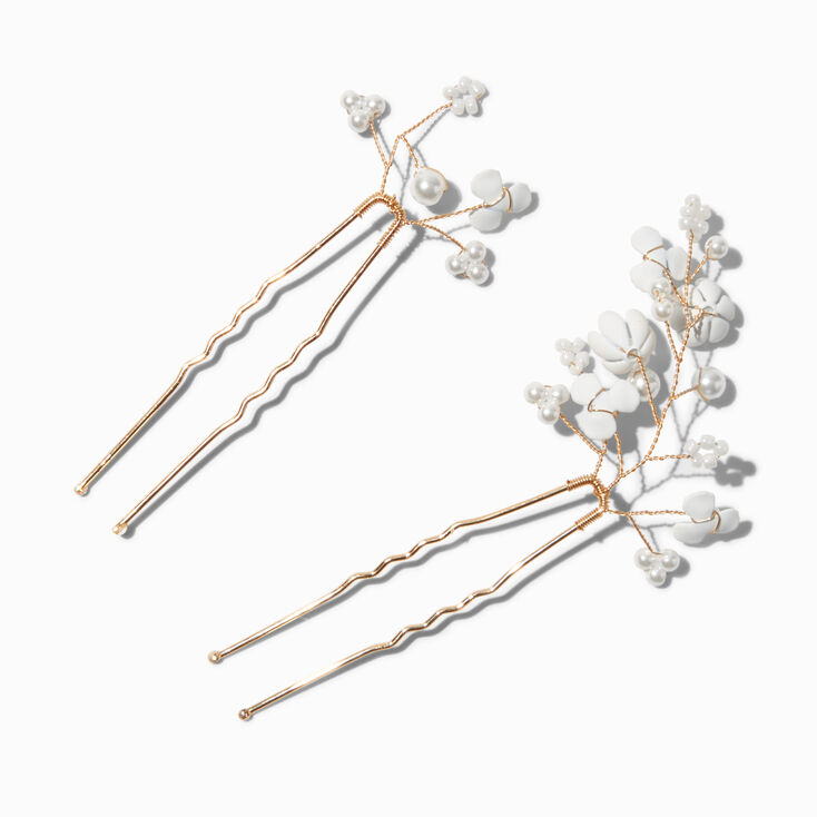 White Flower &amp; Pearl Spray Hair Pins - 2 Pack,