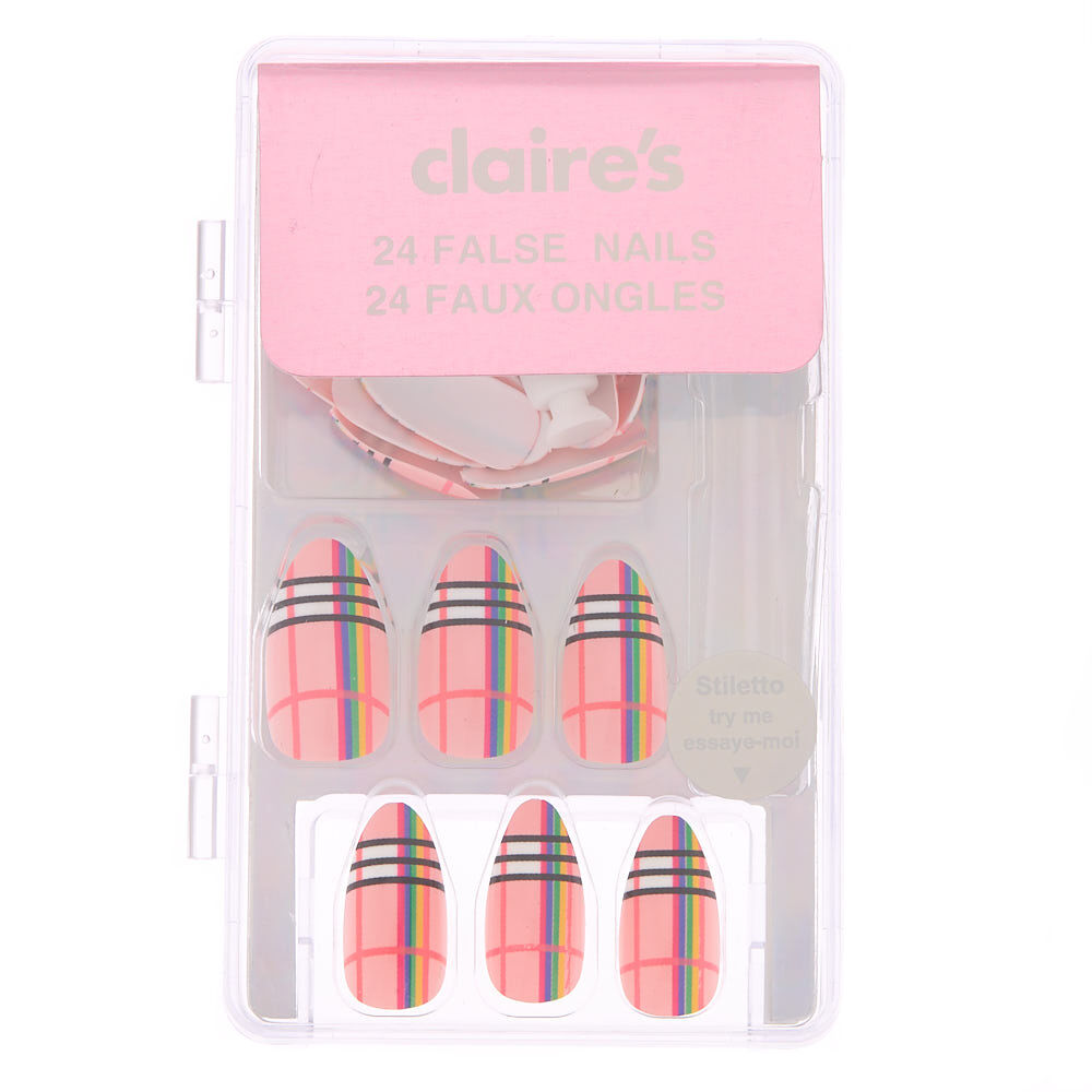 Rainbow Plaid Stiletto Faux Nail Set - Pink, 24 Pack,
