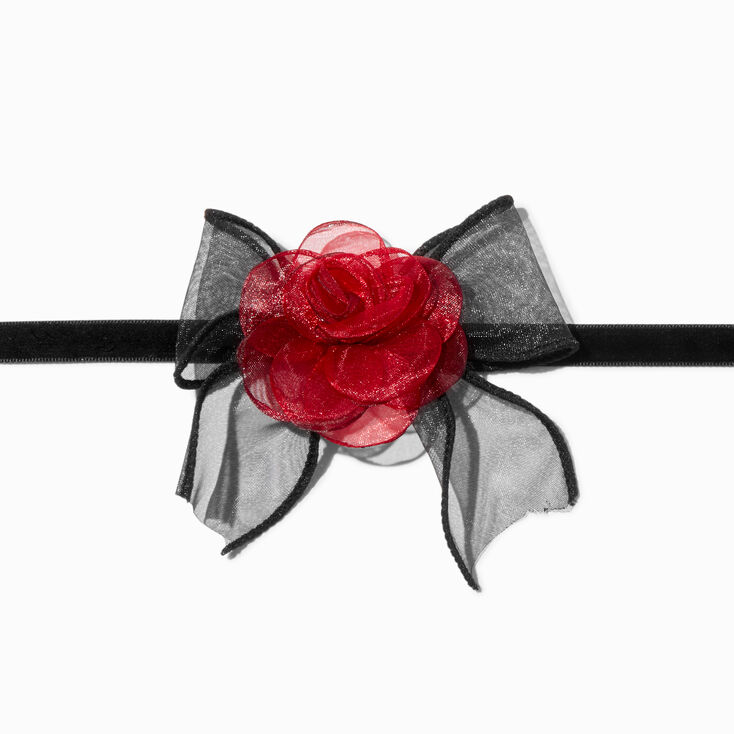 Chiffon Red Rose &amp; Black Bow Choker Necklace,