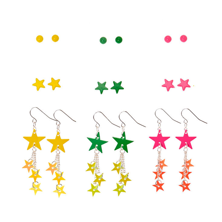 9 Pack Neon Cosmic Stars Drops &amp; Stud Earrings,
