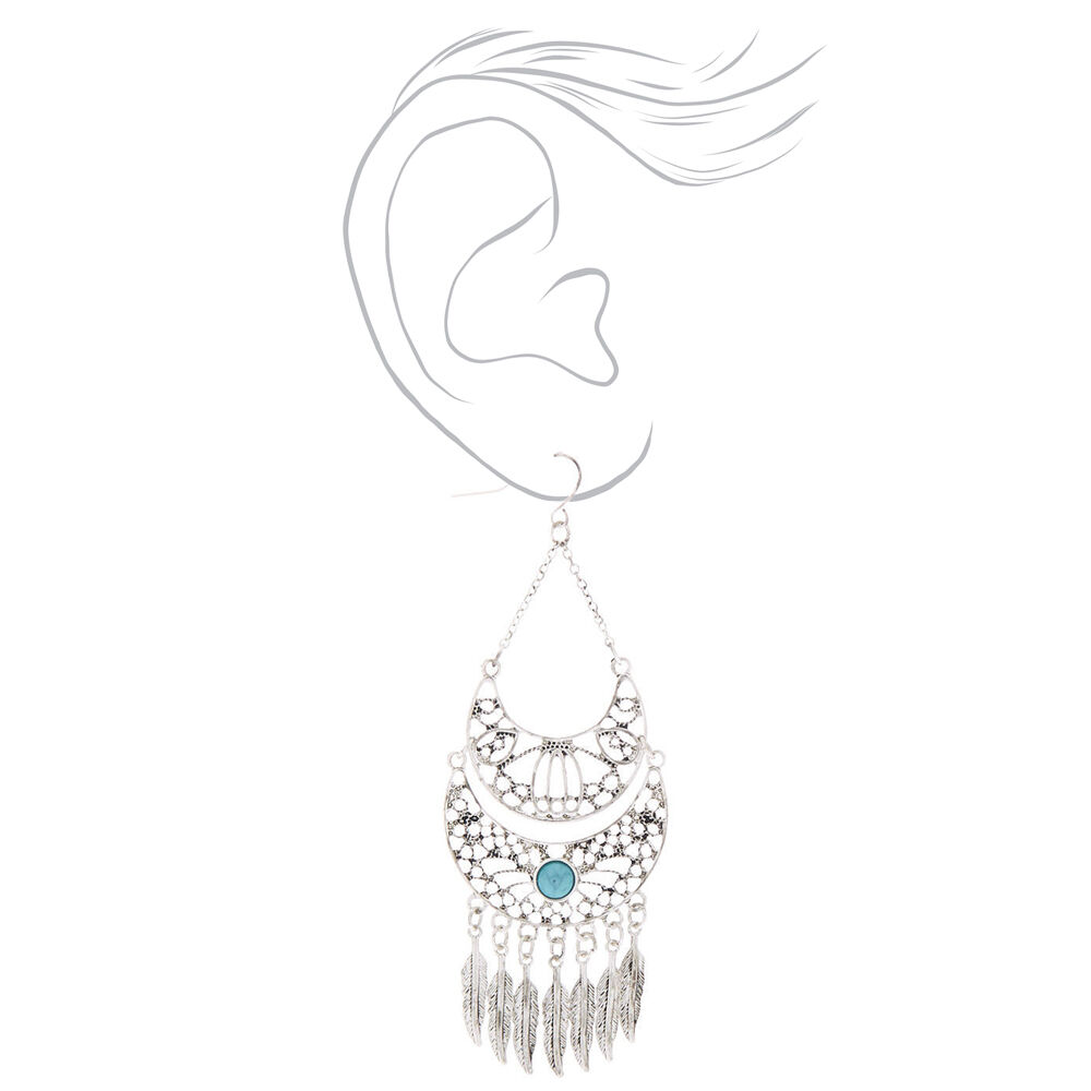 Silver 3" Western Feather Drop Earrings - Turquoise,