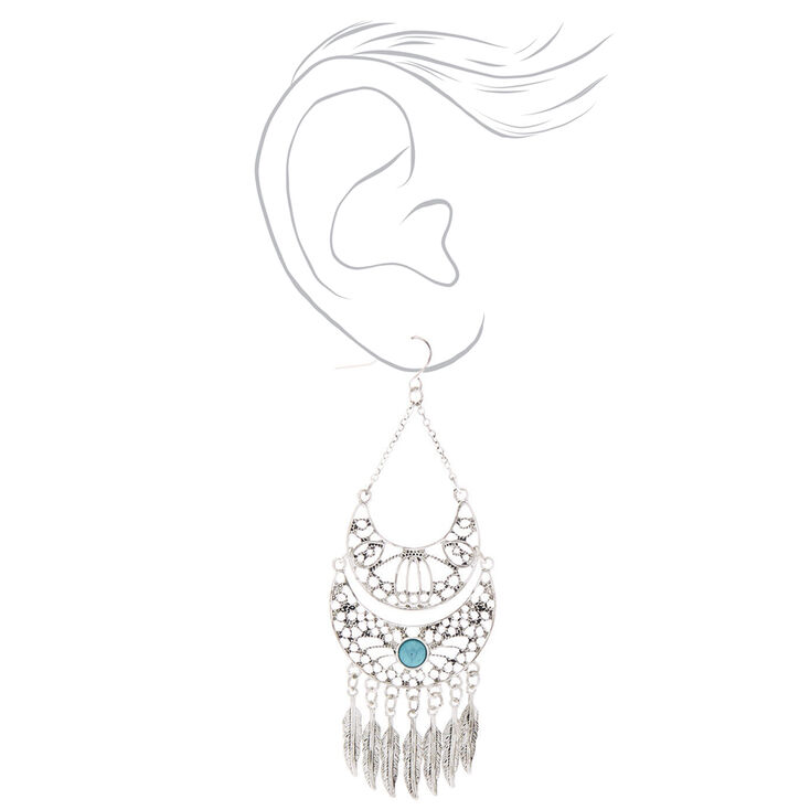 Pendantes turquoise style western avec plume couleur argent&eacute; 8&nbsp;cm,