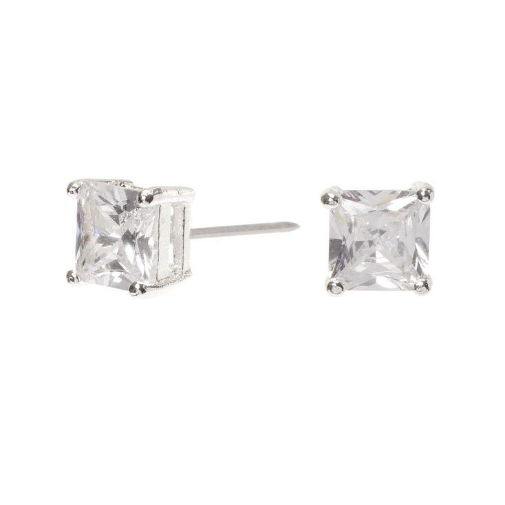 Silver-tone Cubic Zirconia 6mm Square Stud Earrings,