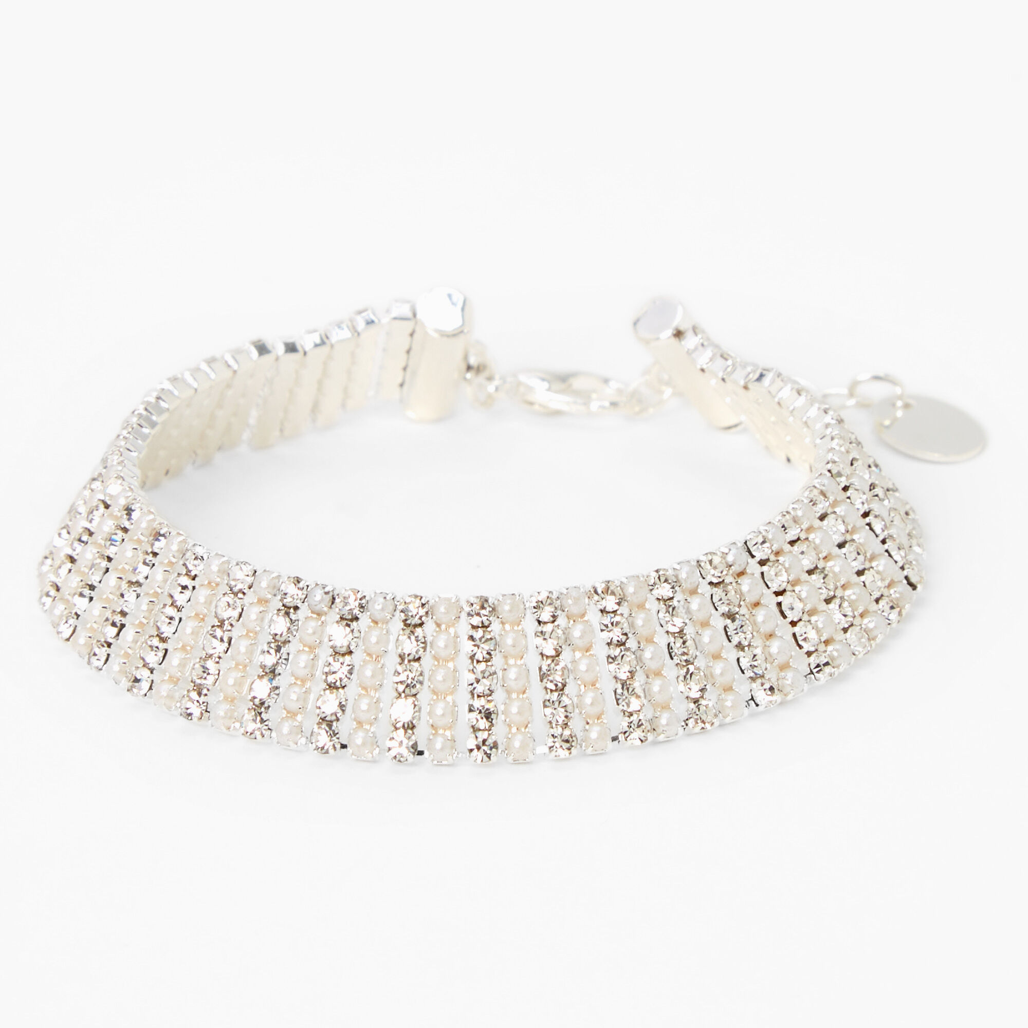 Silver Rhinestone Pearl Chain Bracelet,