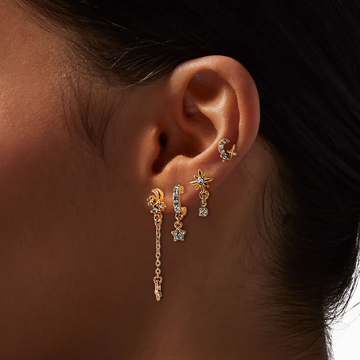 Gold-tone Star &amp; Moon Earring Stackables Set - 6 Pack,