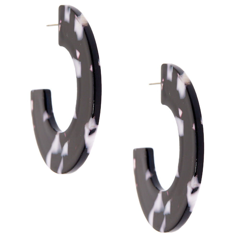 Silver 50MM Tortoiseshell Hoop Earrings - Black,