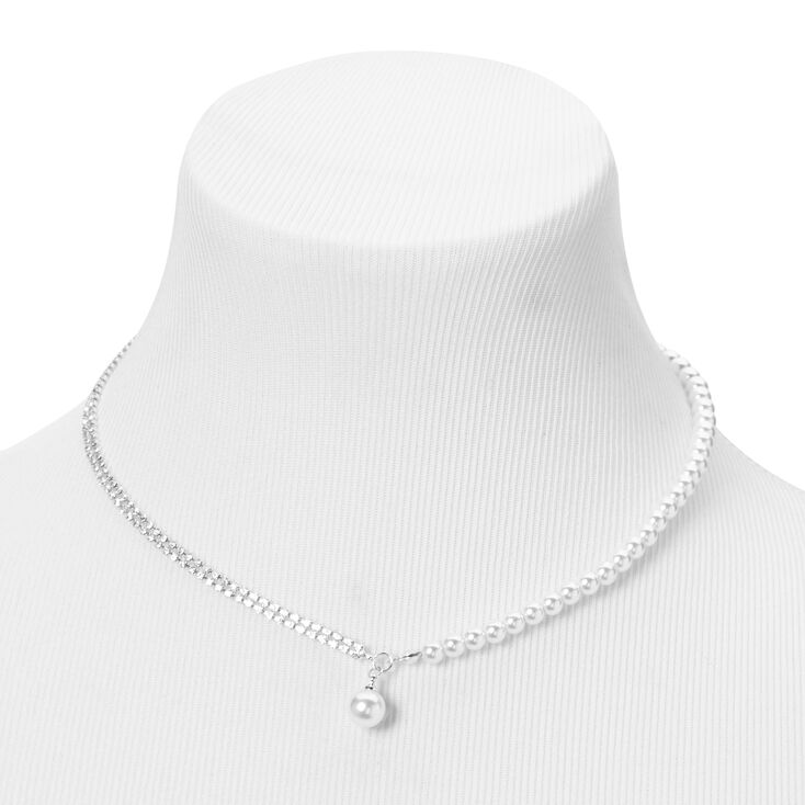 Silver Rhinestone &amp; Pearl Choker Necklace,