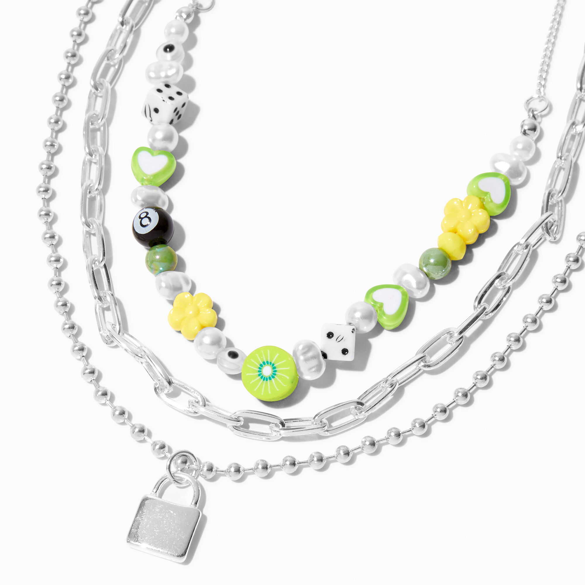 View Claires SilverTone Padlock Beaded MultiStrand Necklace Green information