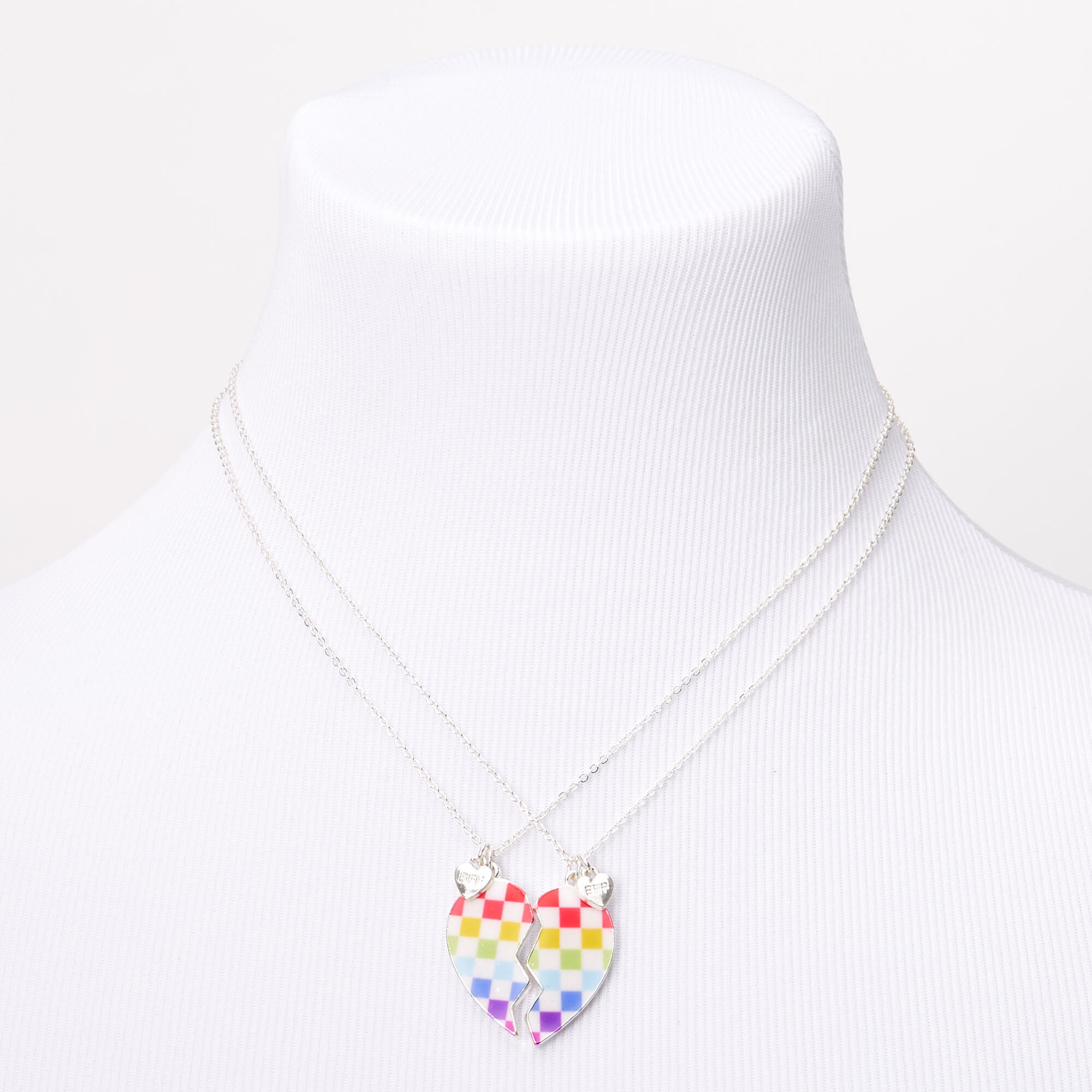 Best Friends Rainbow Checkered Heart Pendant Necklaces - 2 Pack,