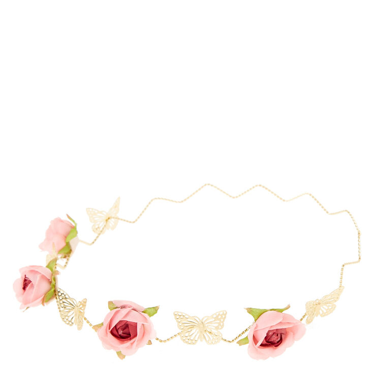 Pink Rose and Gold Butterfly Hair Garland Crown,