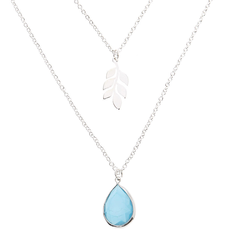Multi layer choker necklace tassel necklace Silver toned turquoise colored stone