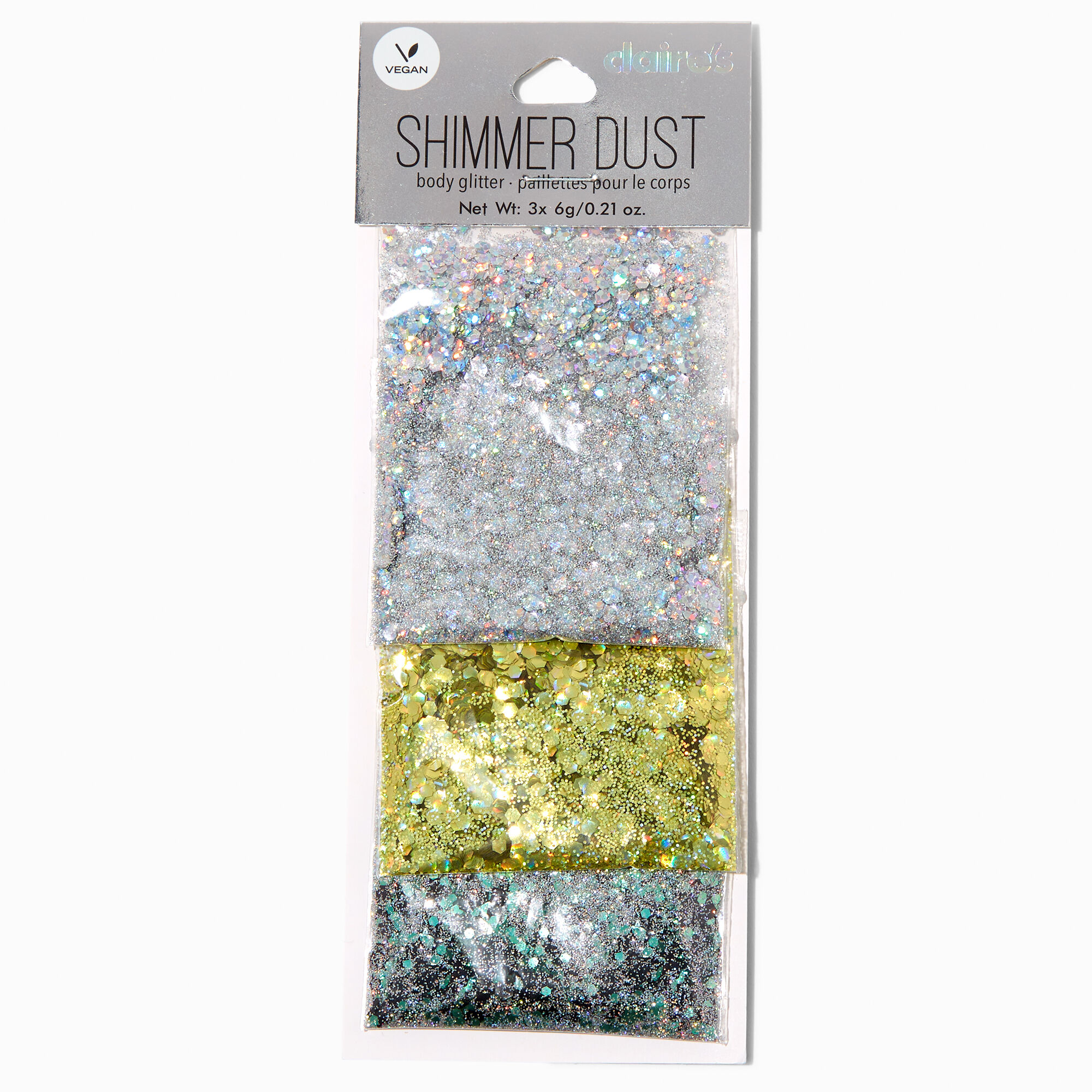 View Claires Metallic Shimmer Dust Vegan Body Glitter 3 Pack Gold information