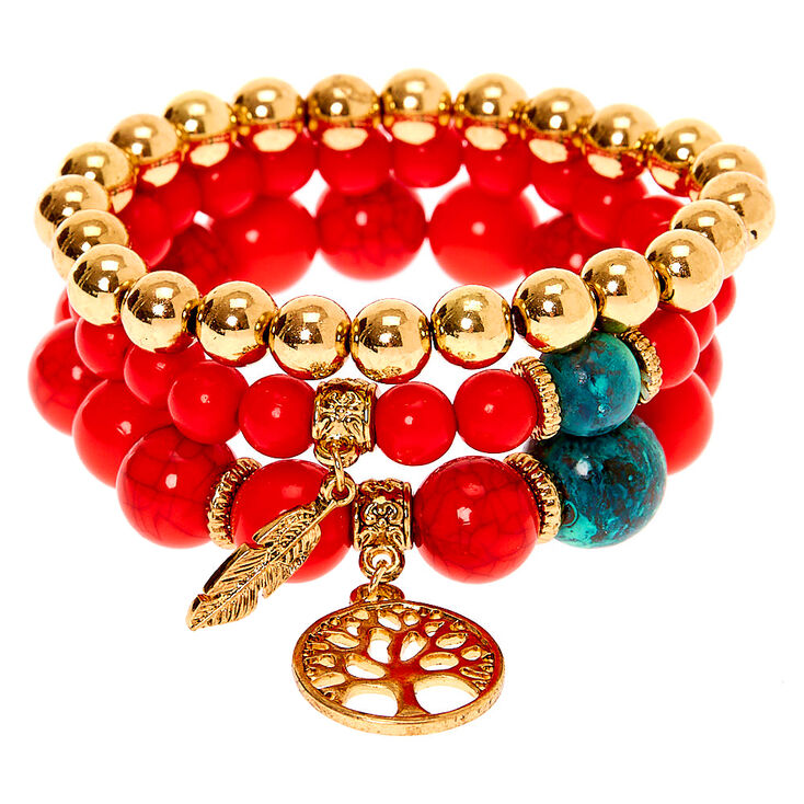 Tree of Life Marble Beaded Stretch Bracelets - Red, 3 Pack | Claire's US