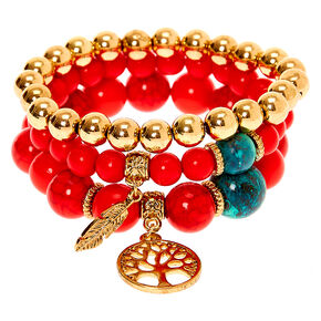 Tree of Life Marble Beaded Stretch Bracelets - Red, 3 Pack,