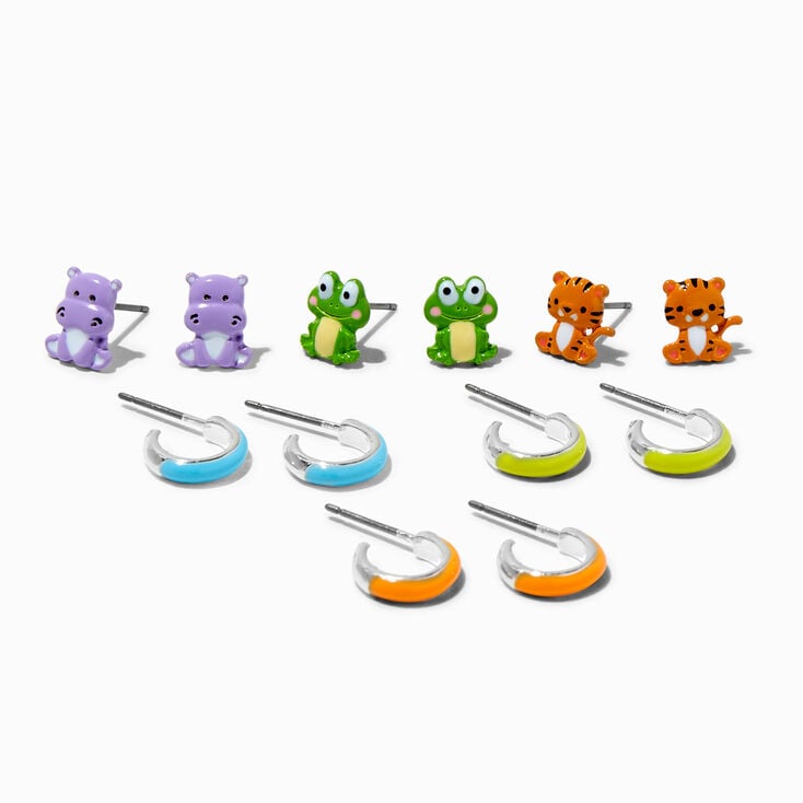 Hippo, Frog &amp; Tiger Mixed Earring Set - 6 Pack,