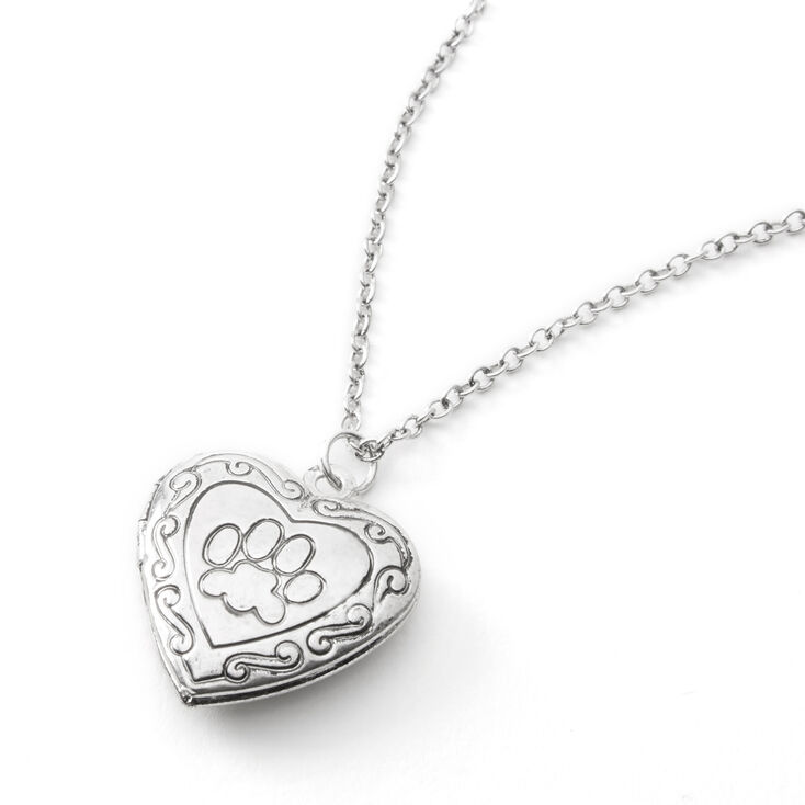 Silver Paw Print Heart Locket Pendant Necklace,