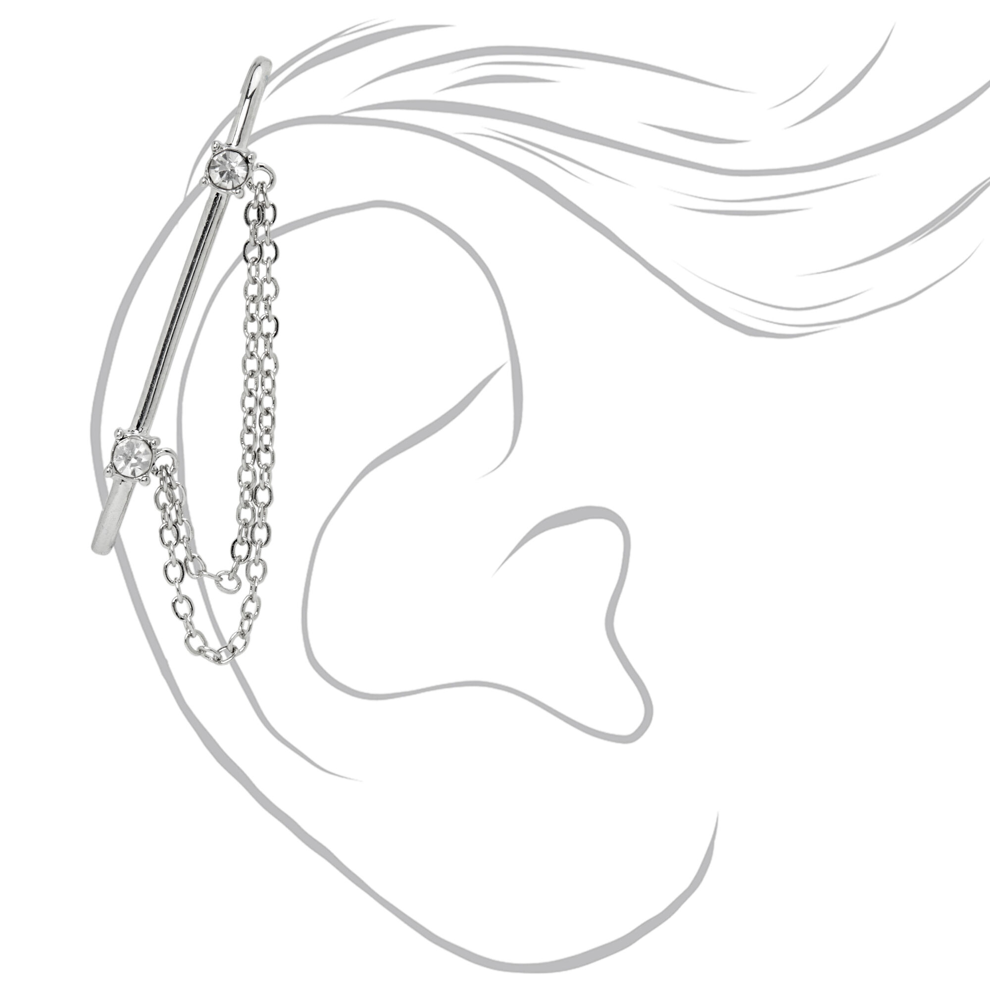 Silver Double Chain Faux Industrial Earring Claire s US