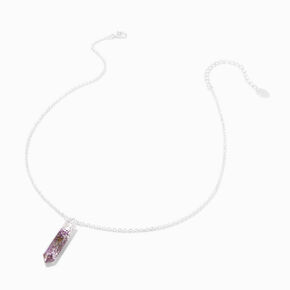 Collier &agrave; pendentif fleurs violettes strass mystiques couleur argent&eacute;e,