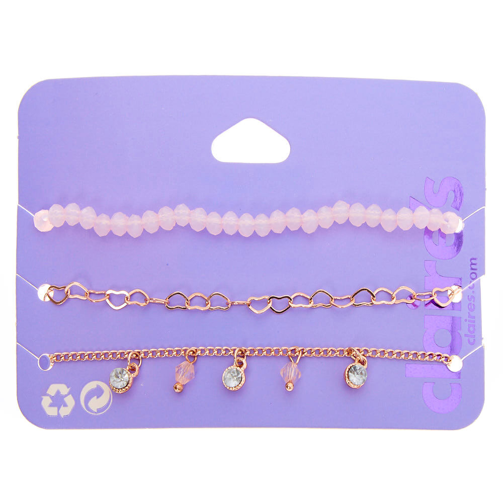 Rose Gold Beaded Heart Chain Bracelets - Blush Pink, 3 Pack,