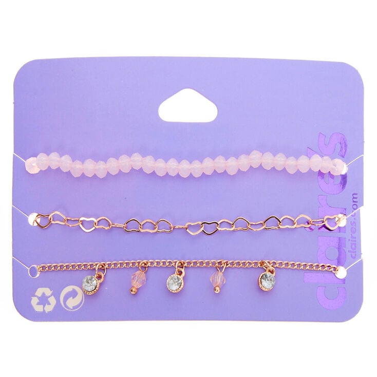 Rose Gold Beaded Heart Chain Bracelets - Blush Pink, 3 Pack,