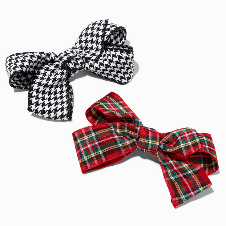 Black Houndstooth &amp; Red Plaid Hair Bow Clips - 2 Pack,