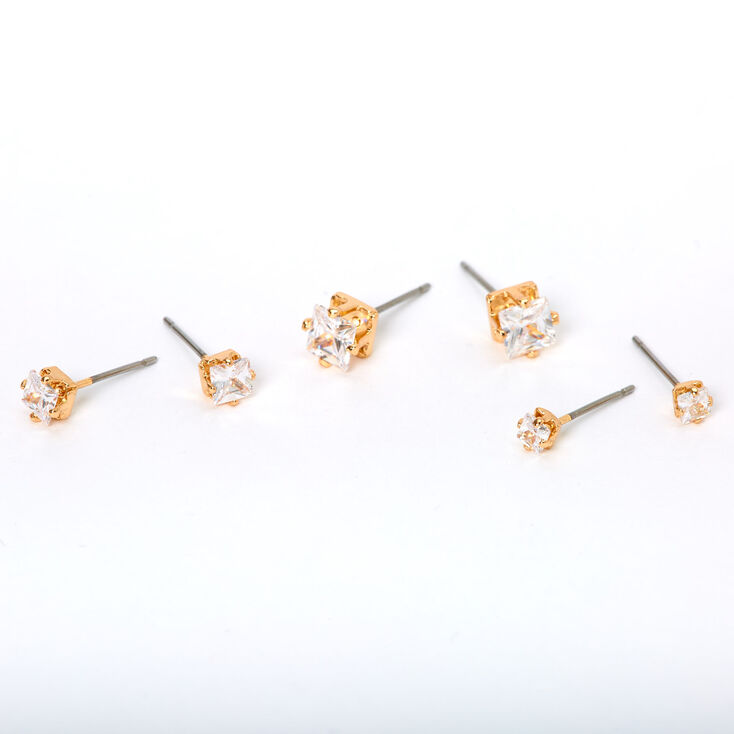 Gold Cubic Zirconia Graduated Square Stud Earrings - 3 Pack,