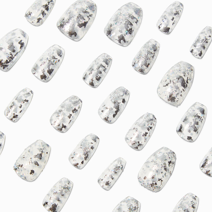 Silver Fleck Coffin Vegan Faux Nail Set - 24 Pack,