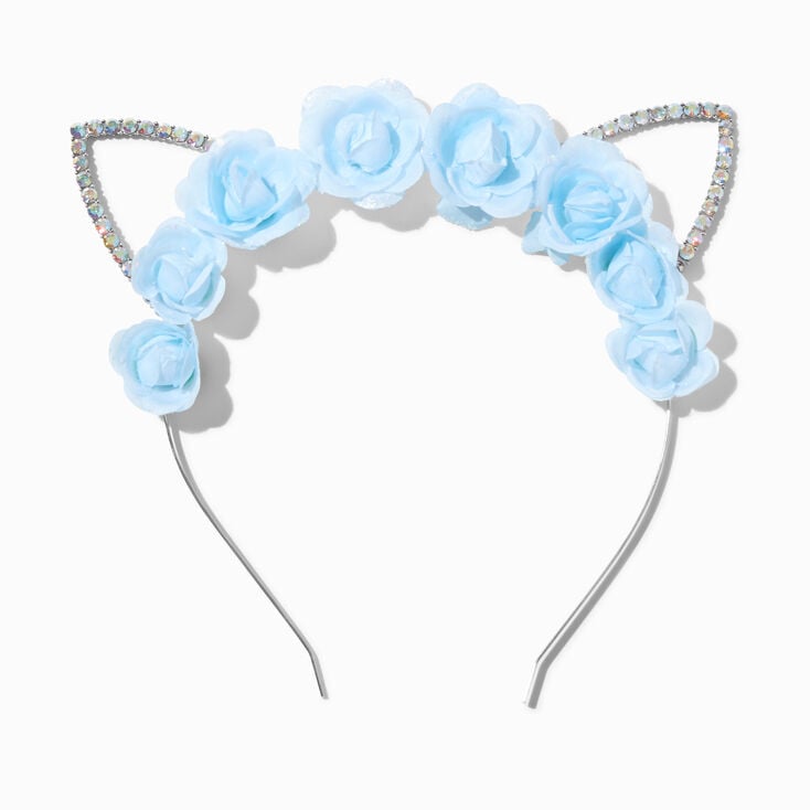 Blue Flower Iridescent Crystal Cat Ears Headband,