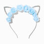 Serre-t&ecirc;te &agrave; oreilles de chat strass iridescent fleur bleu,