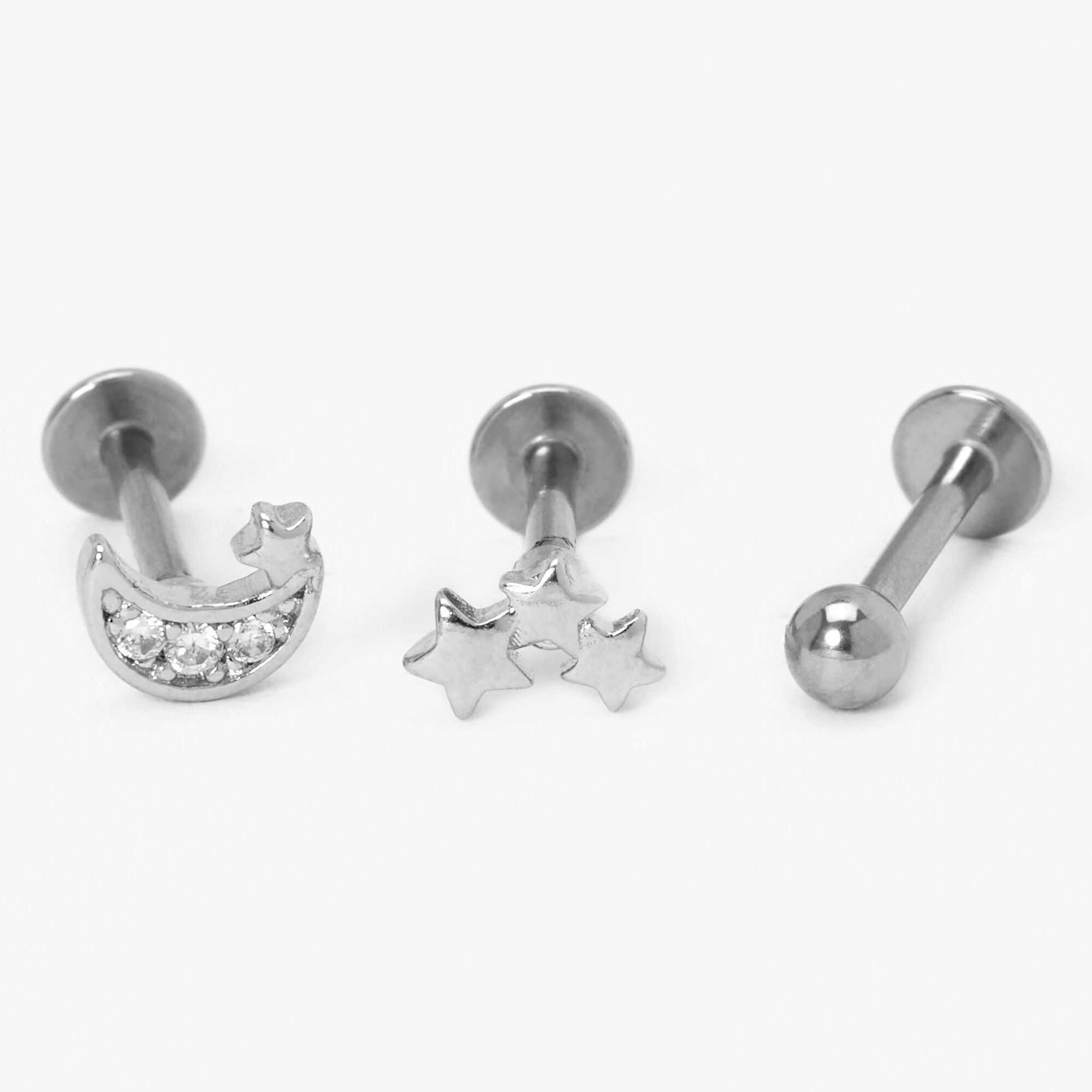 View Claires Tone Moon Star Tragus Stud Earrings 3 Pack Silver information