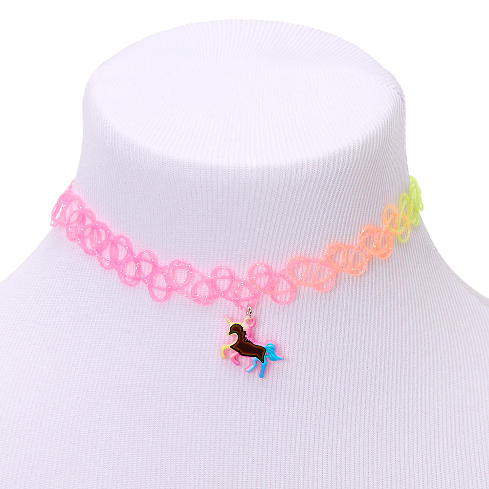 Rainbow Glitter Unicorn Mood Tattoo Choker Necklace