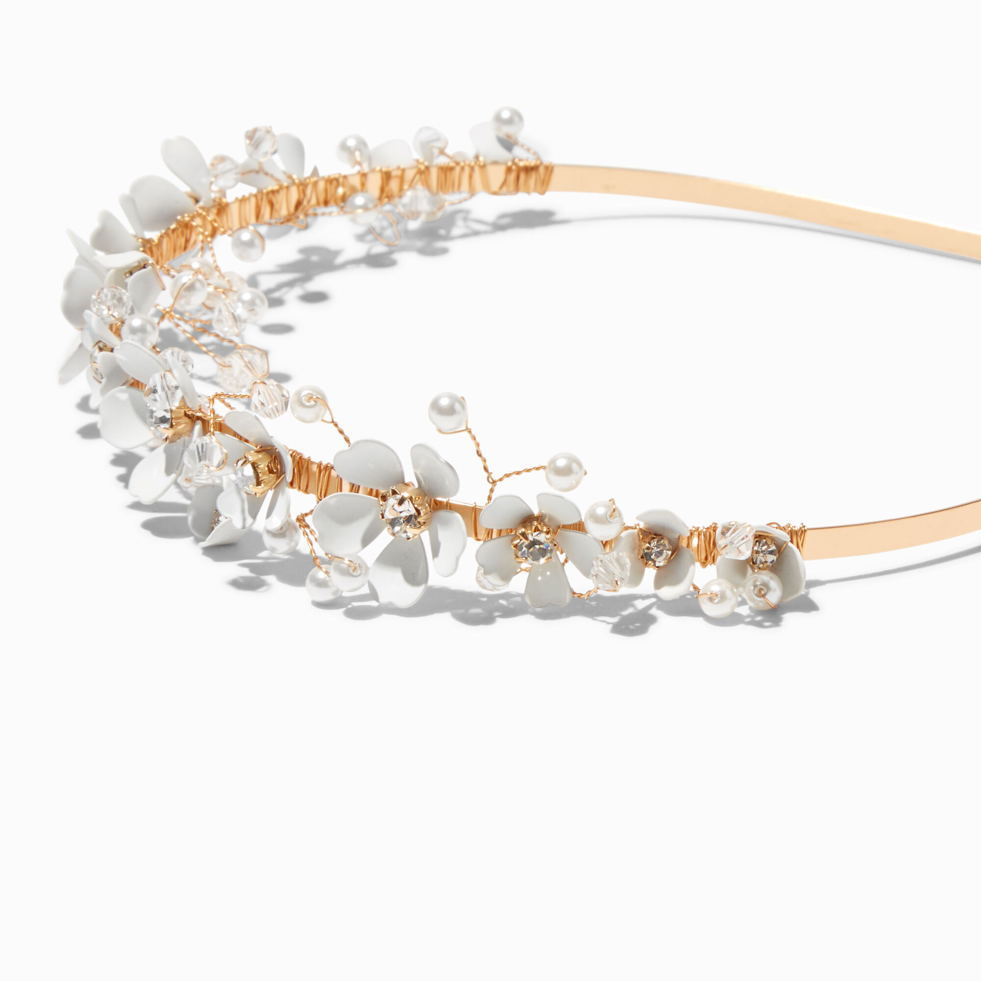 White Floral & Pearl Gold-tone Headband