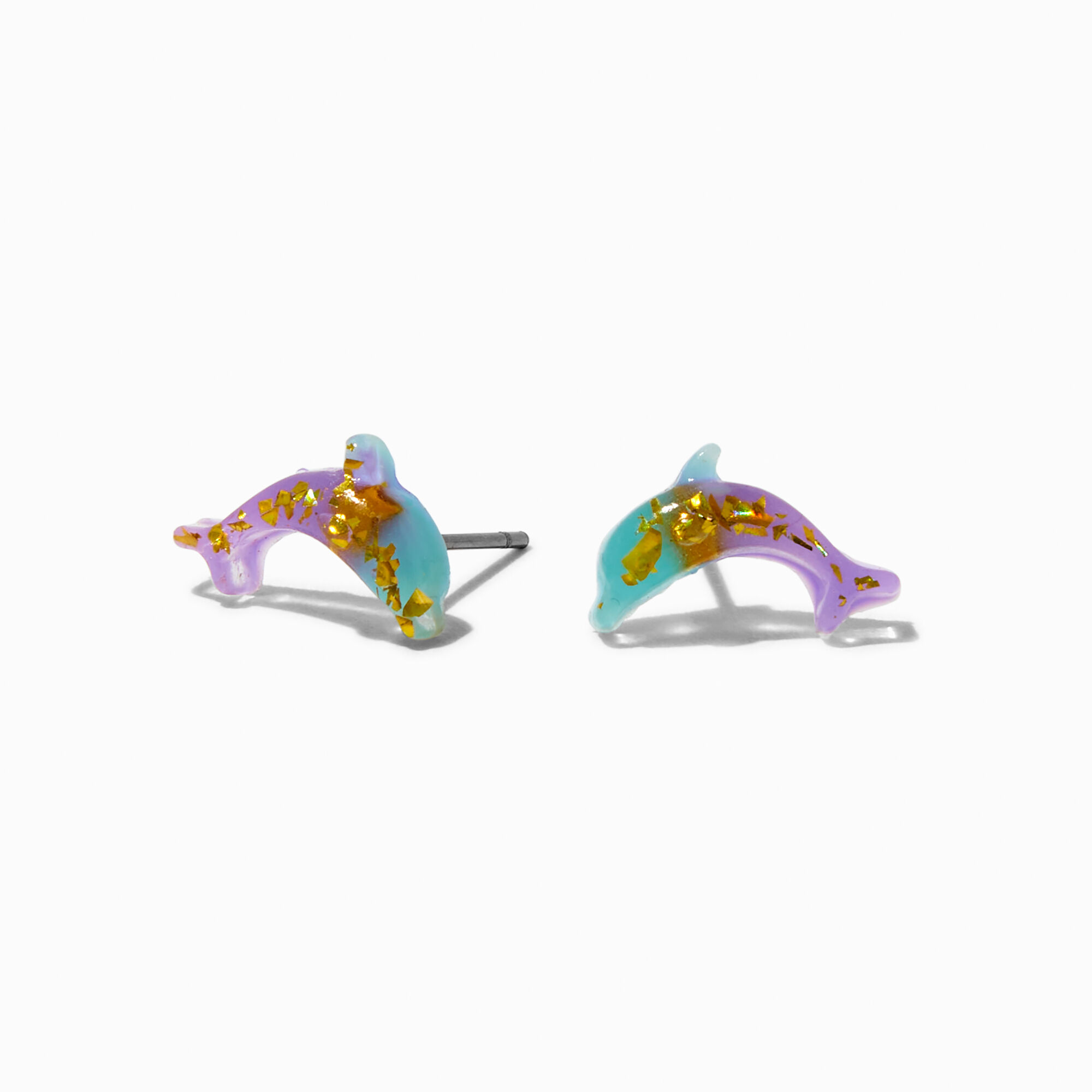 View Claires Tone Foil Dolphin Stud Earrings Gold information