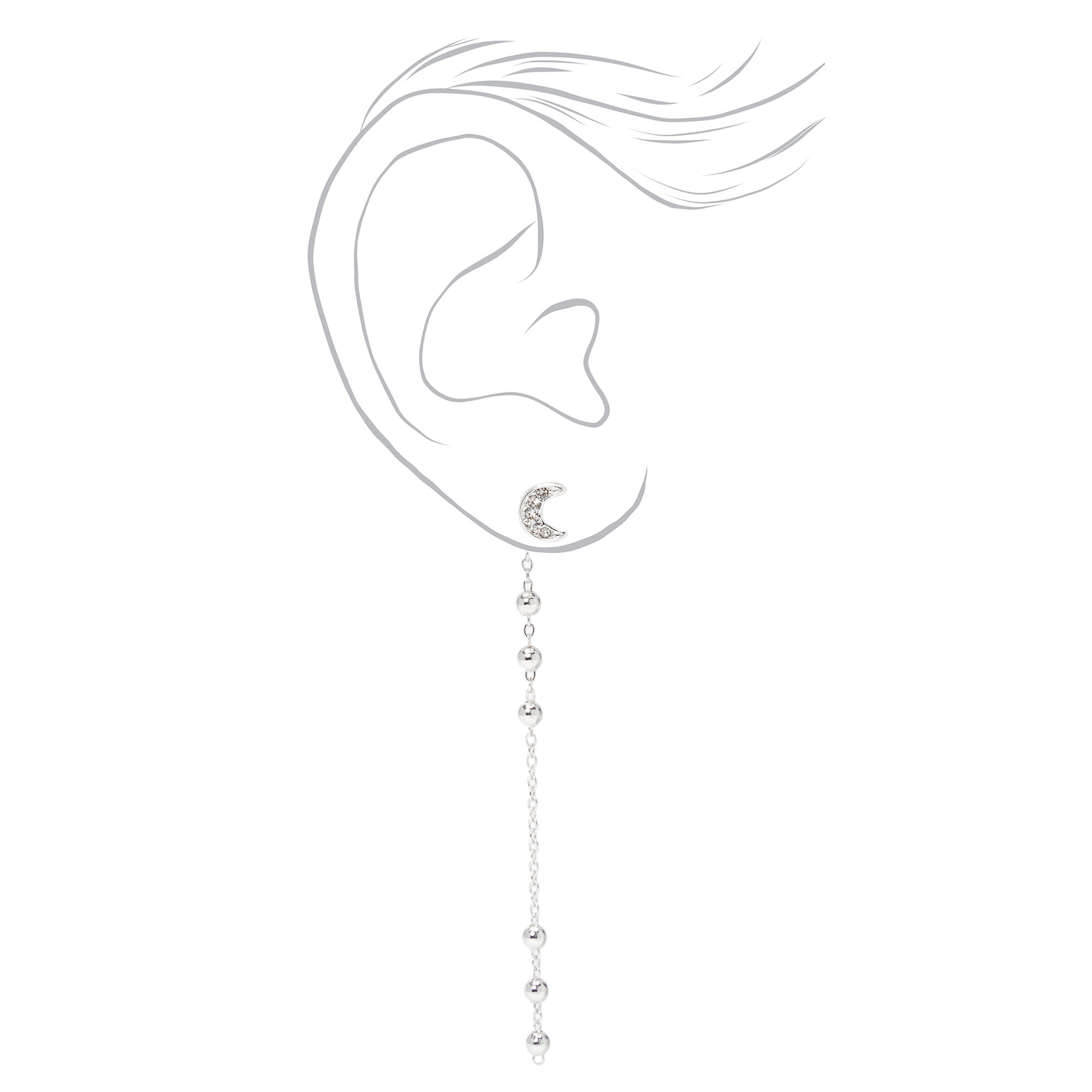 Silver 3" Embellished Moon Linear Front and Back Drop Earrings,