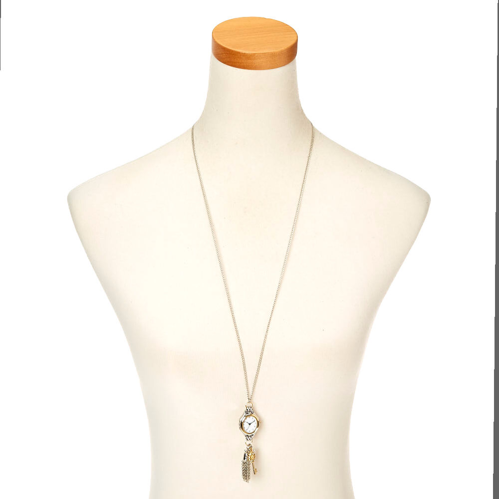 Silver Tone Long Watch Charm Necklace,