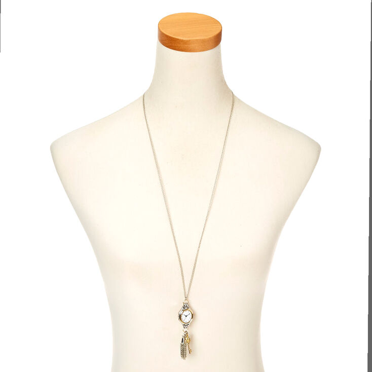 Silver Tone Long Watch Charm Necklace,