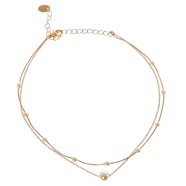 Gold Pearl Double Chain Choker Necklace,