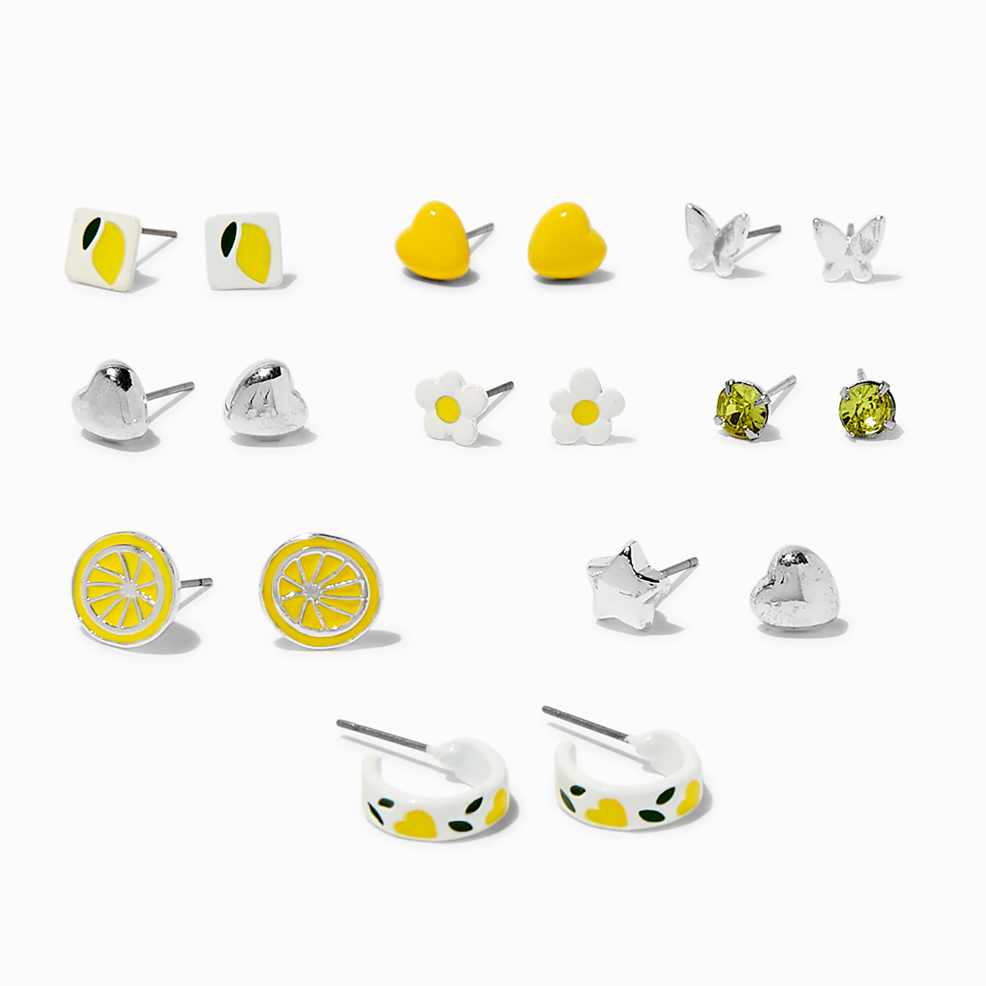 Silver-tone Lemon Stud & Hoop Earrings - 9 Pack ,