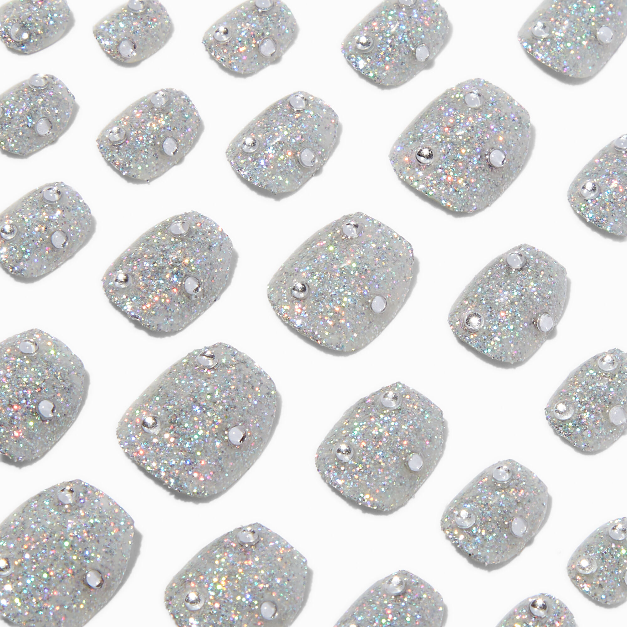 View Claires Holographic Gem Square Press On Vegan Faux Nail Set 24 Pack Silver information