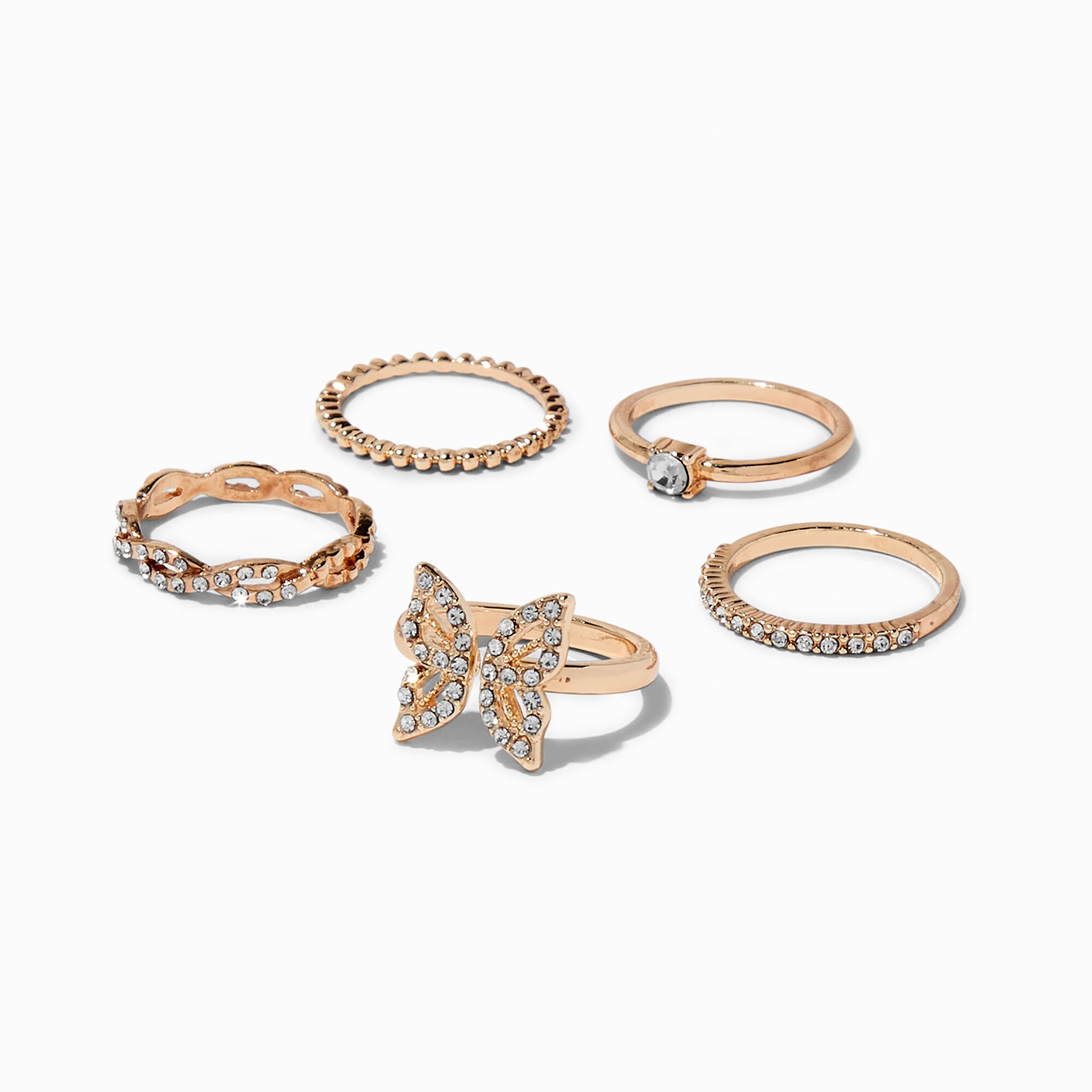 View Claires Crystal Tone Butterfly Ring Set 5 Pack Gold information