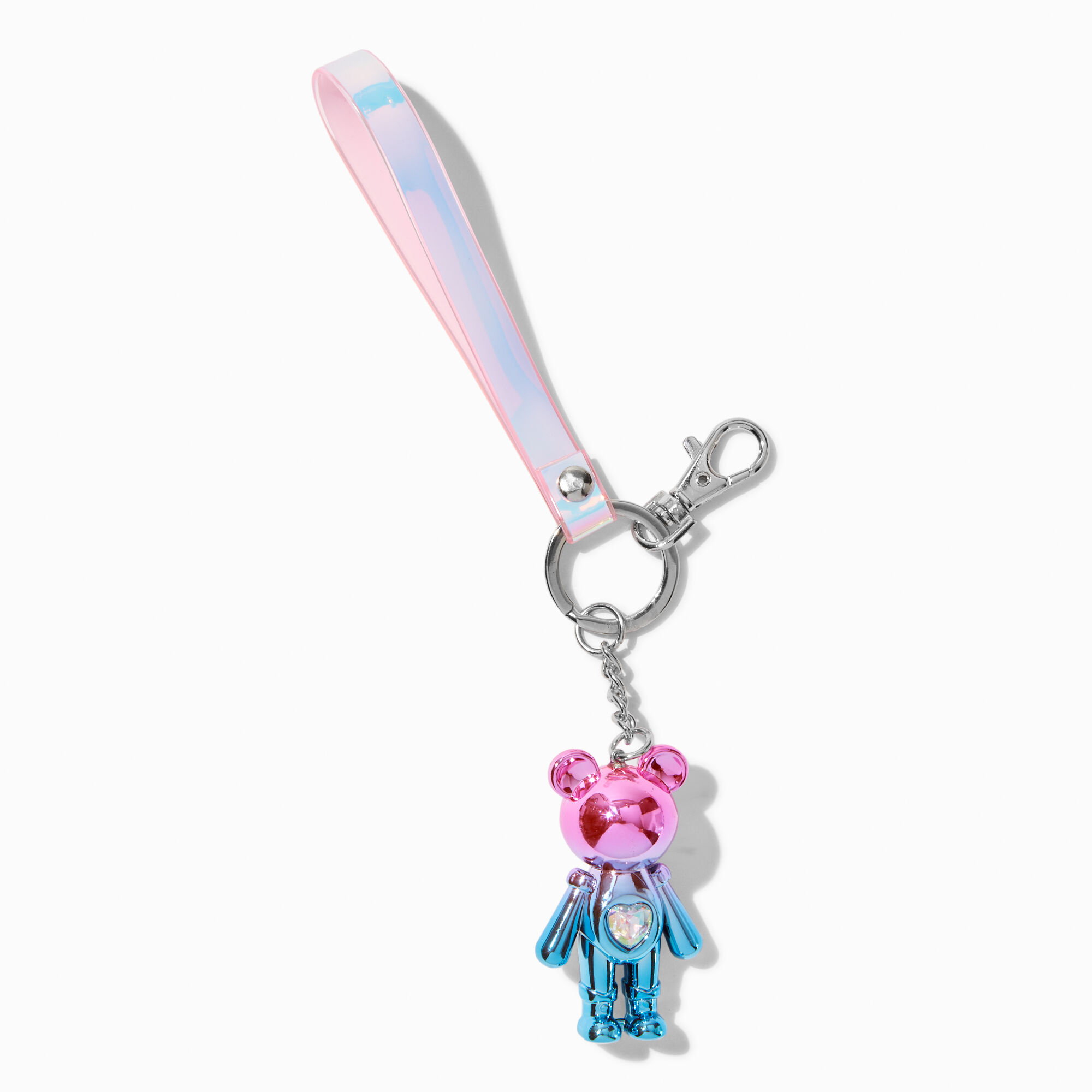 View Claires Chrome Pink Ombre Bear Keyring Blue information