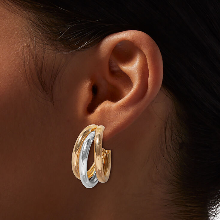 Mixed Metals Cluster Triple Hoop Earrings,