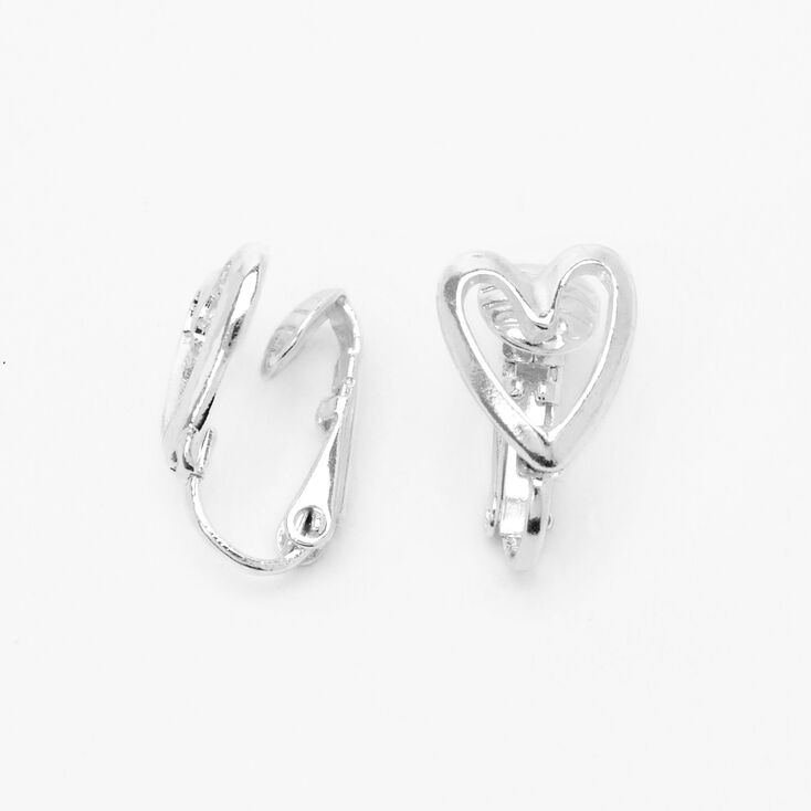 Silver Open Heart Clip On Stud Earrings,