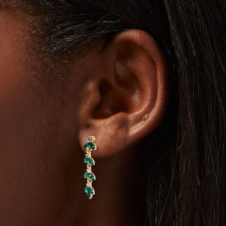 Green Crystal Leaf Linear Drop Earrings,