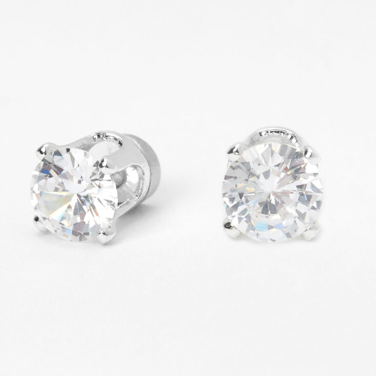 Silver Cubic Zirconia 4MM Round Magnetic Stud Earrings,